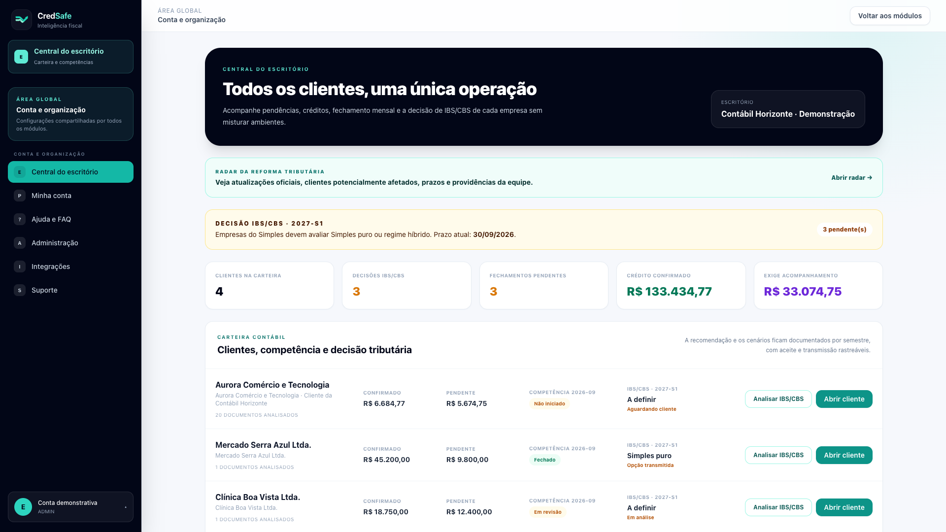 Central do Escritório com carteira de clientes e competências