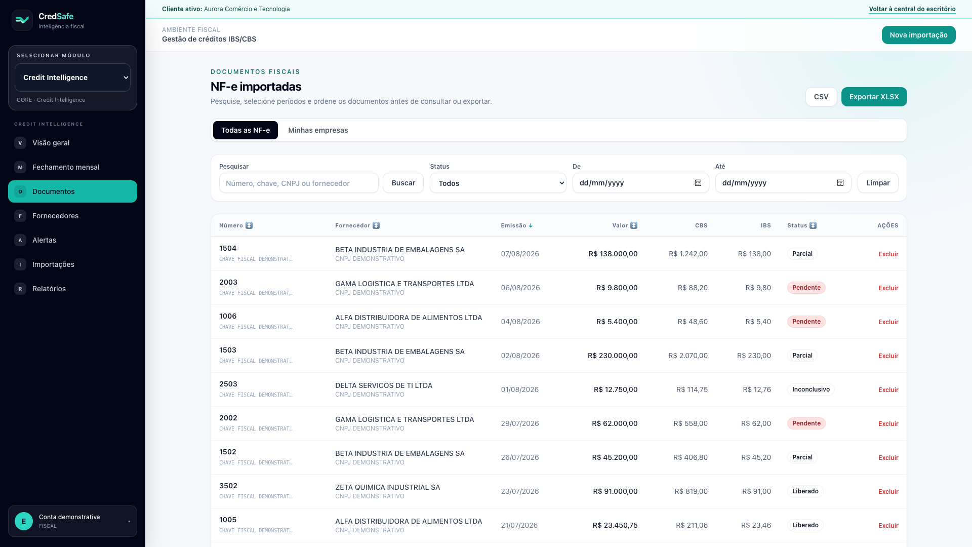 Documentos fiscais e evidências na plataforma CredSafe